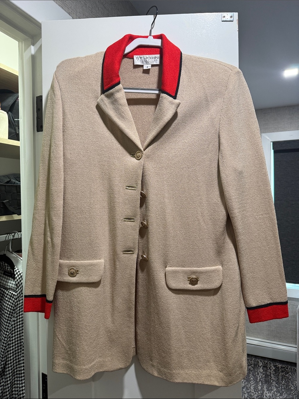 St. John Beige Knit Blazer with Red Trim